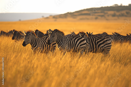 Herde Zebras grast in der weiten Savanne