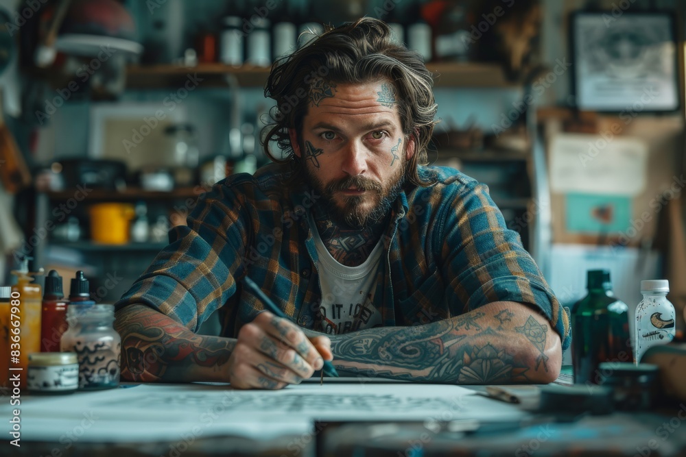 Portrait of a tattoo artist in a flannel shirt working in a studio surrounded by tattoo inks, art supplies, and drawings, exuding a focused and creative atmosphereTattoo artist Portrait of a tattoo artist in a flannel shirt working in a studio surrounded by tattoo inks, art supplies, and drawings, exuding a focused and creative atmosphereTattoo artist