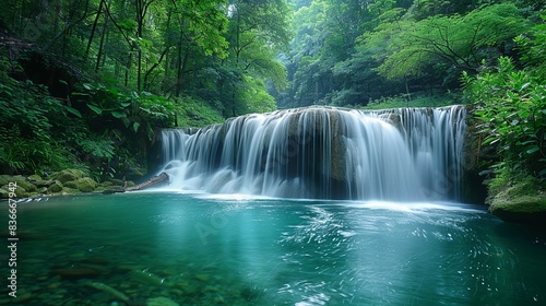 A serene waterfall scene with lush greenery  creating a peaceful and rejuvenating atmosphere. Minimal and Simple 