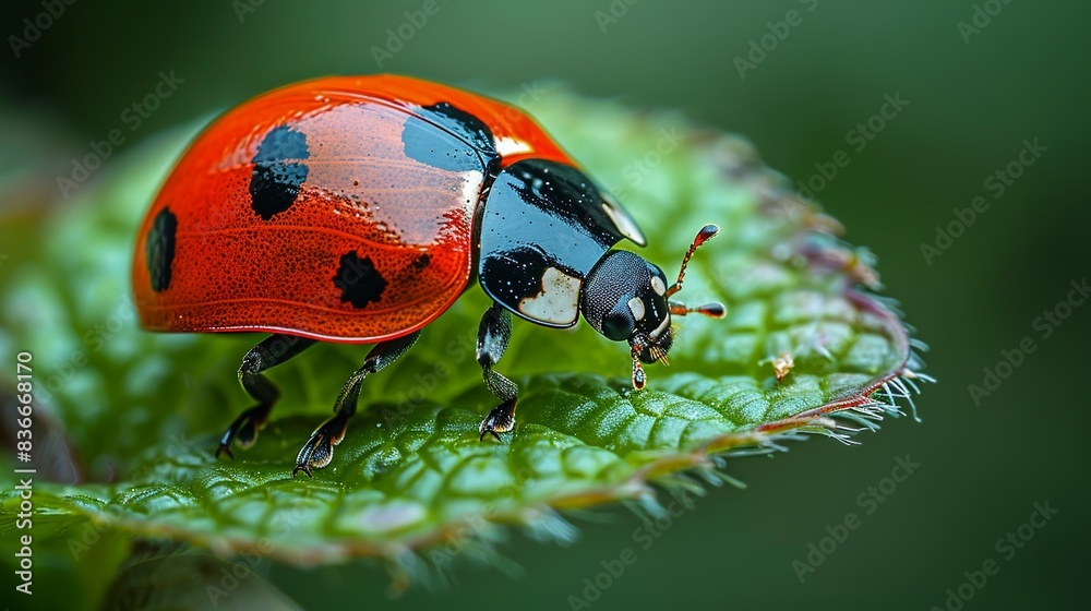 Obraz premium A close-up of a ladybug on a leaf, capturing the delicate and vibrant interaction between flora and fauna. Minimal and Simple,