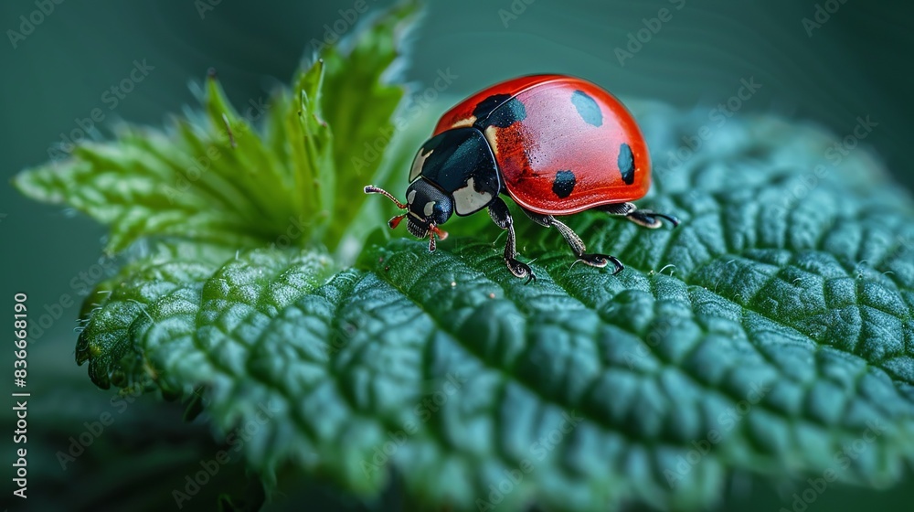 Obraz premium A close-up of a ladybug on a leaf, capturing the delicate and vibrant interaction between flora and fauna. Minimal and Simple,