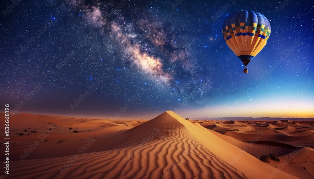 Journey through the stars: Spectacular Milky Way view above Sahara Desert with hot air balloon Journey through the stars: Spectacular Milky Way view above Sahara Desert with hot air balloon