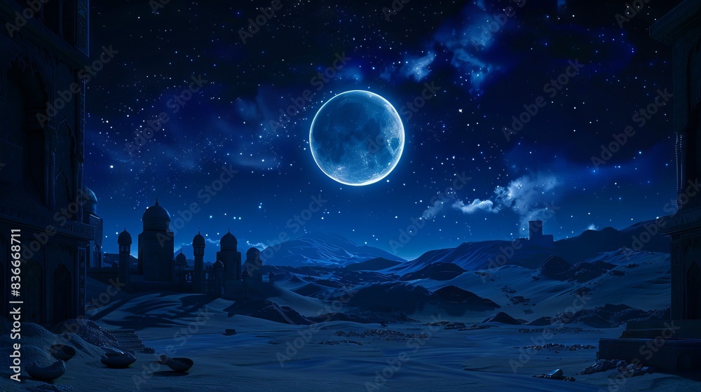 A moon and a city in the night sky. A moon and a city in the night sky.