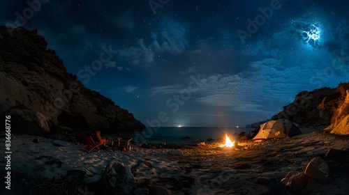 A picturesque camping site in nature with tents and campfire  On the beach  generated by AI