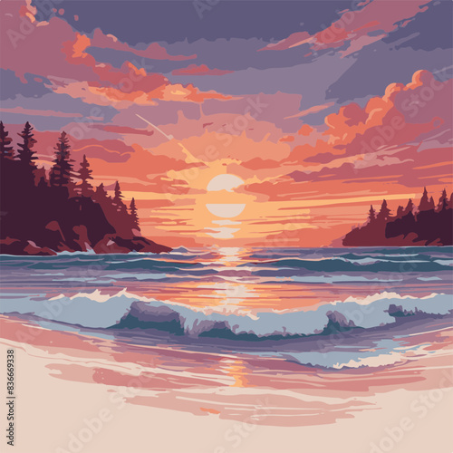 A mesmerizing digital illustration portraying a breathtaking sunset over a serene coastal landscape. The warm hues of the sky blend with the cool tones of the ocean, creating a scene of tranquility