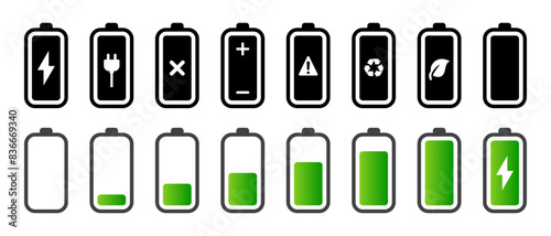 Battery charging process and issues icon set 0 to 100 in black and green color. Battery symbols with flash, charging, dead, plus, minus, caution, exclamation, recycle, reuse, and battery saver signs.