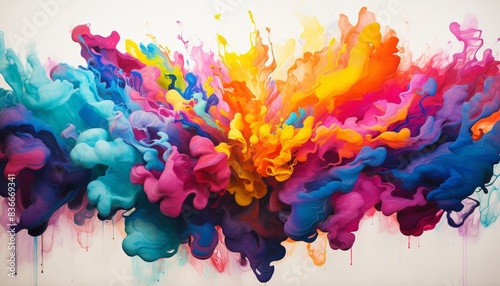  Experience the dynamic interplay of colors as paint erupts in a riotous explosion against a stark white surface, every droplet and splatter a testament to the sheer power of creativity unleashed photo