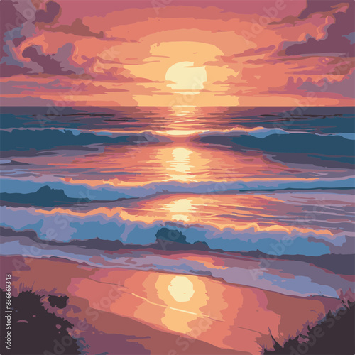 A mesmerizing digital illustration portraying a breathtaking sunset over a serene coastal landscape. The warm hues of the sky blend with the cool tones of the ocean, creating a scene of tranquility