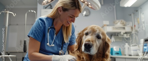 The veterinarian examining dog photo
