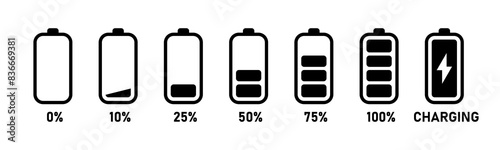Charging battery icon set with 0,% 25%, 50%, 75%, 100% indicator in black and white. Battery charge flat icons. charge indicator. Vector battery power icon powerfully charged. Vector illustration.