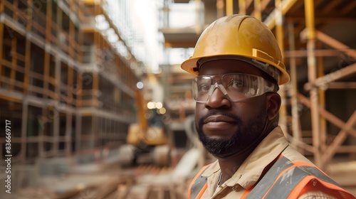 Black man worker wearing hearing protection and glasses at construction site, smiling promoting safety and positivity in the workplace with using PPE © HendraGalus
