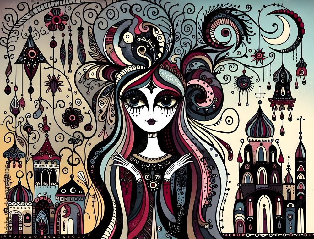 Fototapeta premium Día de los muertos, Halloween, pintura facial, arte, arte gótico, bruja, mujer, calabaza, cuervo, murciélago, embrujo, pócima, hada, calavera, ilustración, cuento, storybook, retrato, cara, muñeca