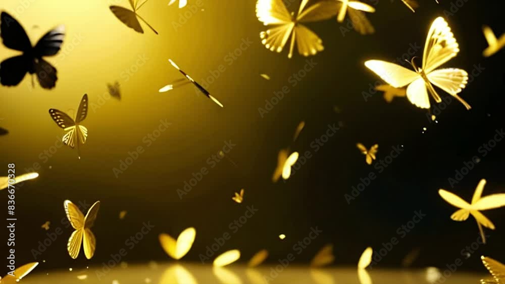 Vintage golden butterflies and Christmas stars metamorphoses with magic conversion transformation stars to butterflies in bright light on dark background 