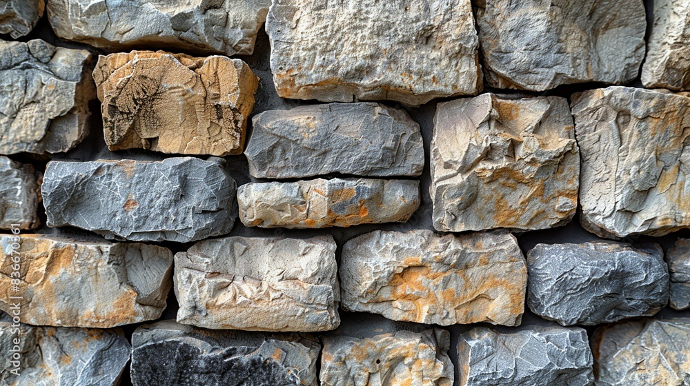 Fototapeta premium A rustic stone wall with rough, uneven surfaces, ideal for creating a natural and earthy backdrop. Minimal and Simple,