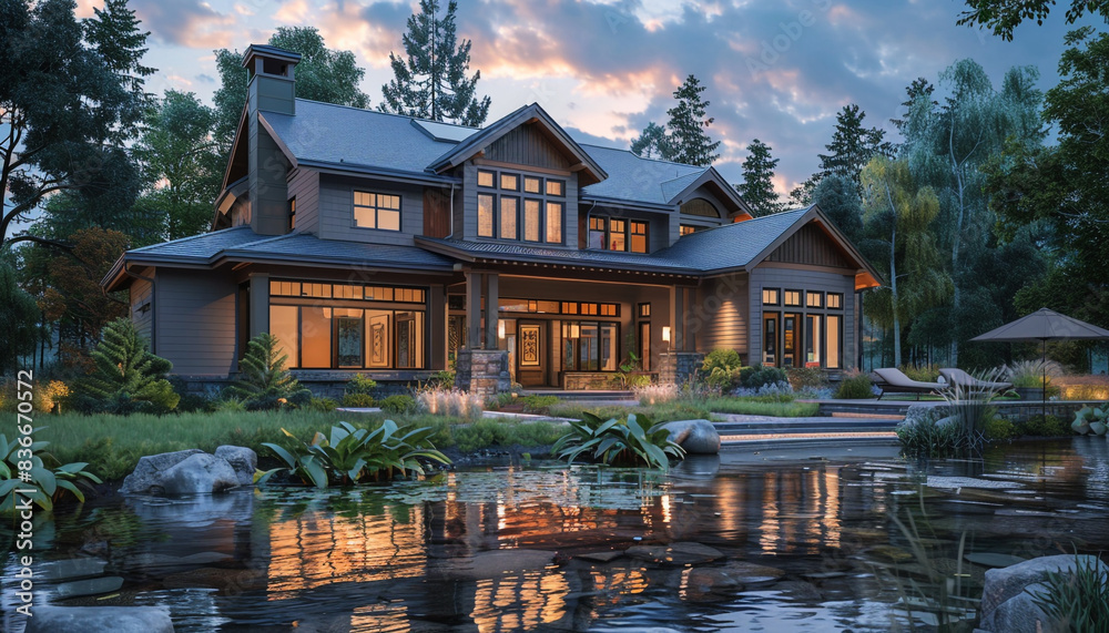 Obraz premium Elegant Craftsman Style New Construction Mauve House Highlighting Sleek Architectural Elements in a Serene Riverside Environment