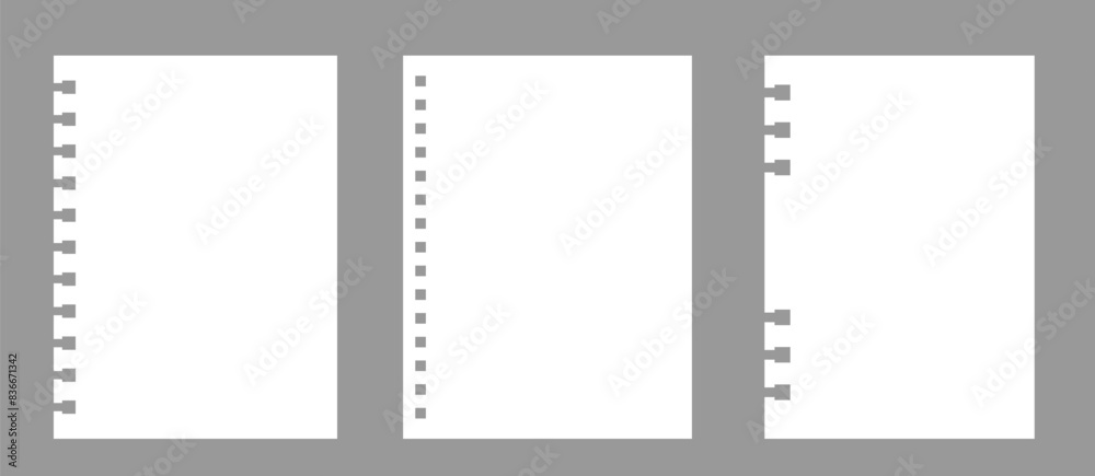 Set of notebook sheets isolated on gray background. Realistic white blanks paper. Different vertical pages from diary. Vector template. Set of notebook sheets isolated on gray background. Realistic white blanks paper. Different vertical pages from diary. Vector template.