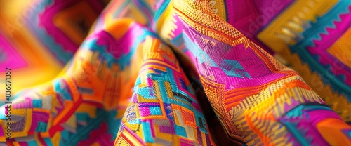 A closeup of a fabric with a bold geometric pattern in bright, contrasting colors, capturing the texture and vibrancy of the material.