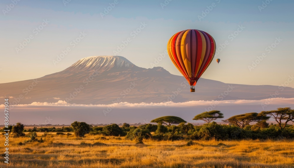 Fototapeta premium Amboseli National Park: Experiencing the Majesty of Kilimanjaro from a Hot Air Balloon Safari at Daw