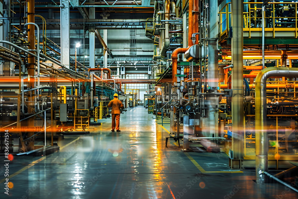 Industrial Worker in a Modern Factory with Complex Machinery Industrial Worker in a Modern Factory with Complex Machinery