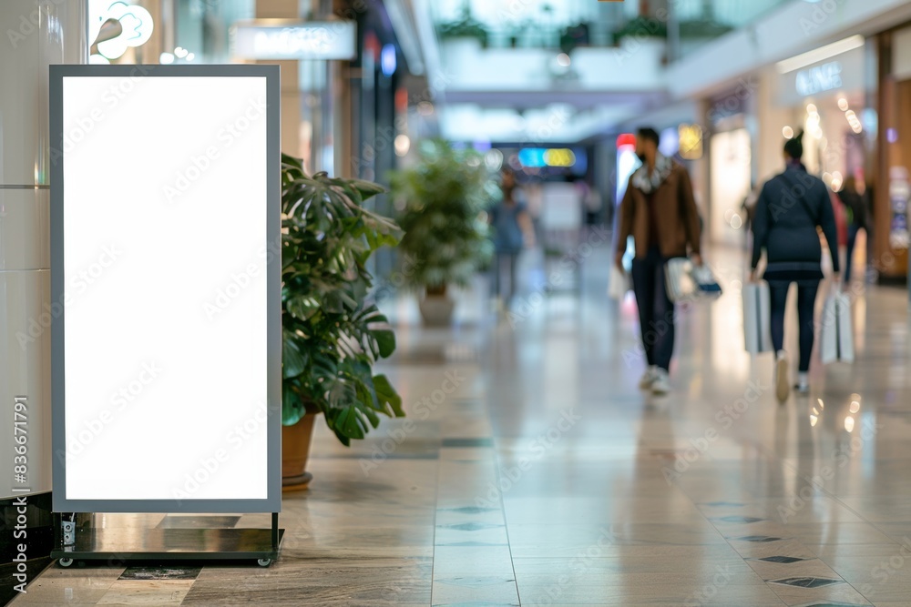 A blank white rollup banner standing in an indoor shopping mall A blank white rollup banner standing in an indoor shopping mall