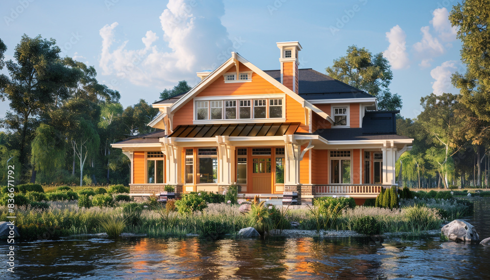 Front view of a newly constructed craftsman style tangerine house with ivory accents, by a serene river. Front view of a newly constructed craftsman style tangerine house with ivory accents, by a serene river.