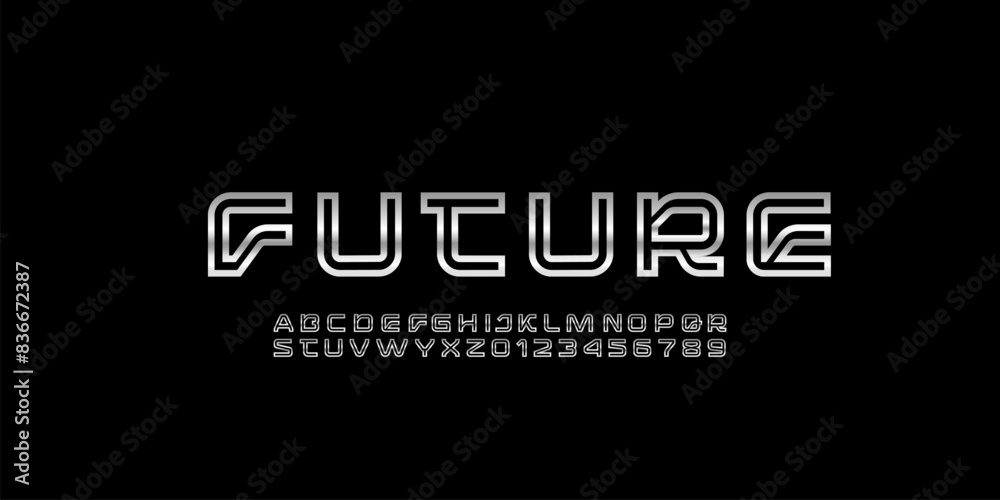 Technical future font, chrome alphabet, silver uppercase letters A, B, C, D, E, F, G, H, I, J, K, L, M, N, O, P, Q, R, S, T, U, V, W, X, Y, Z and numerals 0, 1, 2, 3, 4, 5, 6, 7, 8, 9 outlines style Technical future font, chrome alphabet, silver uppercase letters A, B, C, D, E, F, G, H, I, J, K, L, M, N, O, P, Q, R, S, T, U, V, W, X, Y, Z and numerals 0, 1, 2, 3, 4, 5, 6, 7, 8, 9 outlines style