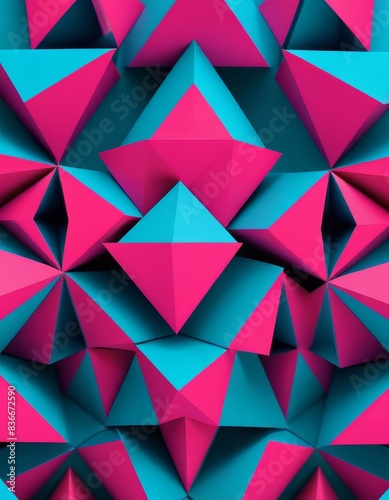 An abstract geometric pattern featuring three-dimensional pink and blue pyramids arranged in a visually captivating design. The vibrant colors and precise symmetry create a bold, modern art piece.. AI