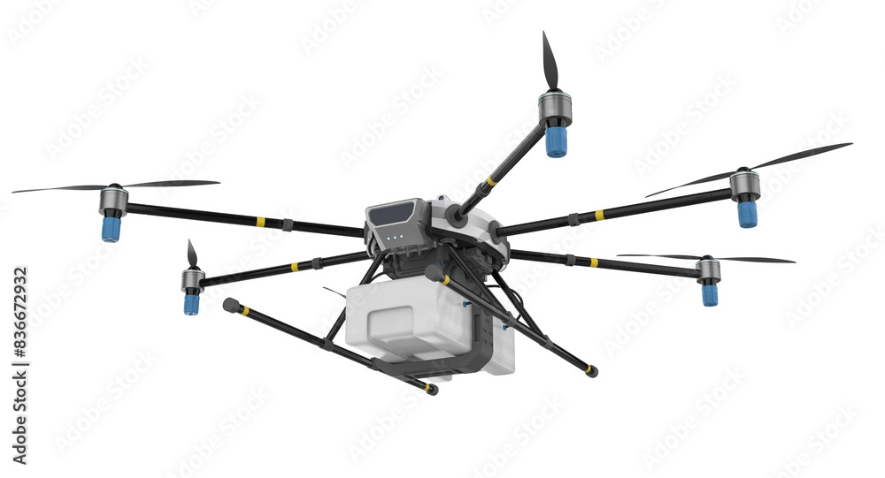 Drone with spinning propellers isolated Drone with spinning propellers isolated