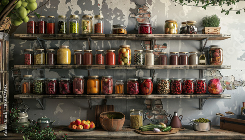 A kitchen with a shelf full of jars and bottles of food
