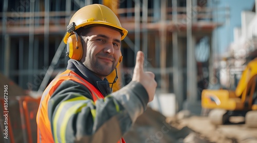 Middle Eastern worker wearing safety hardhat and hearing protection at construction site, smiling and giving thumbs up, promoting safe behavior and positivity in workplace to eliminate risk