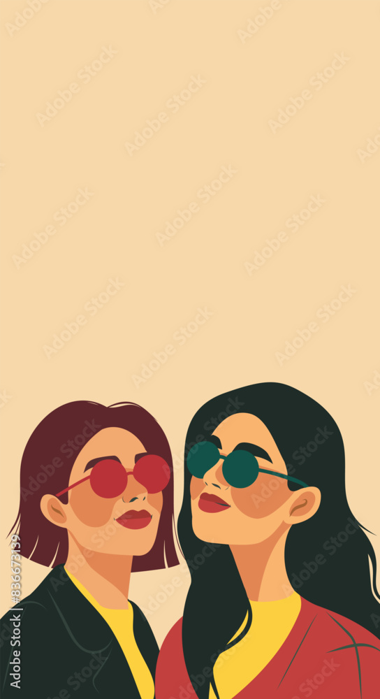 Vector illustration vertical banner with place for text for Women's Day, Feminism Day, two beautiful happy girls in glasses, strong women, protection and freedom of women's rights Vector illustration vertical banner with place for text for Women's Day, Feminism Day, two beautiful happy girls in glasses, strong women, protection and freedom of women's rights