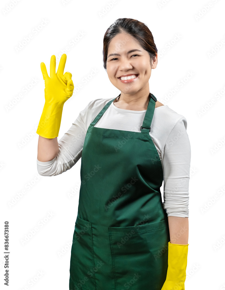 Asian housekeeper wear gloves apron isolated on white Asian housekeeper wear gloves apron isolated on white