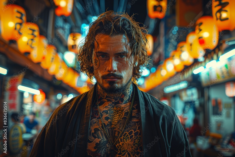 Portrait of a Tattooed Man in a Traditional Japanese Street Market at Night with Bright Lanterns and Vibrant Atmosphere Celebrating Culture and Urban LifestylePortrait Portrait of a Tattooed Man in a Traditional Japanese Street Market at Night with Bright Lanterns and Vibrant Atmosphere Celebrating Culture and Urban LifestylePortrait
