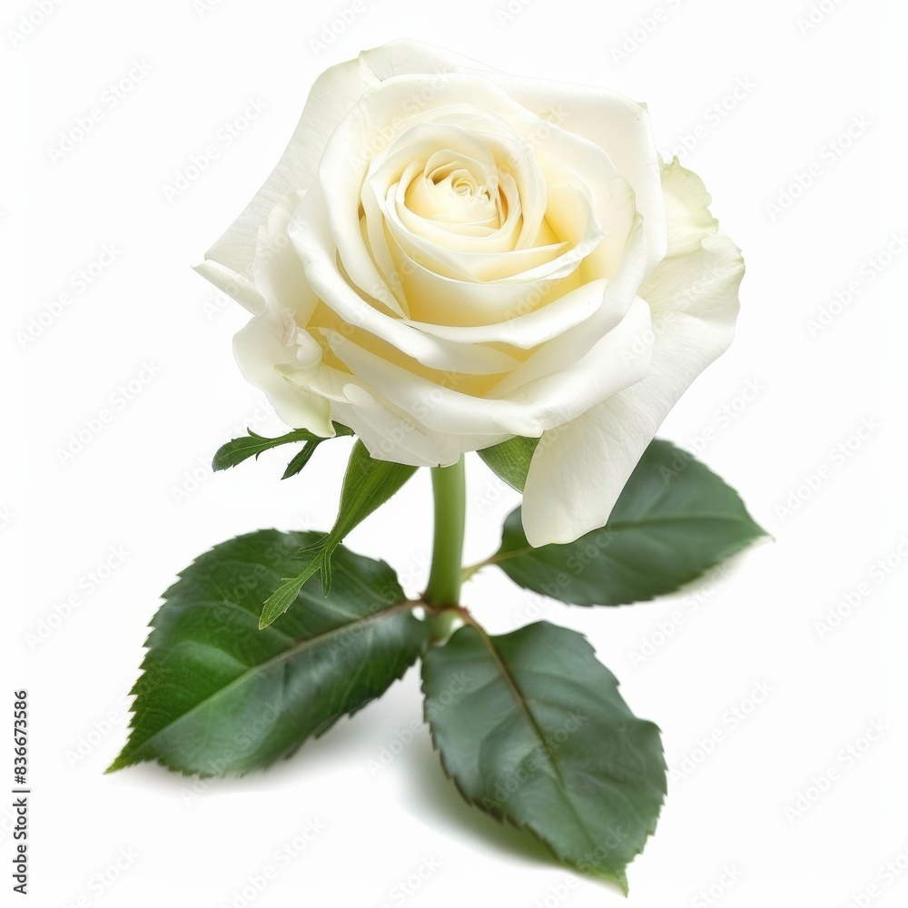 Fototapeta premium A single white rose with green leaves on a white background
