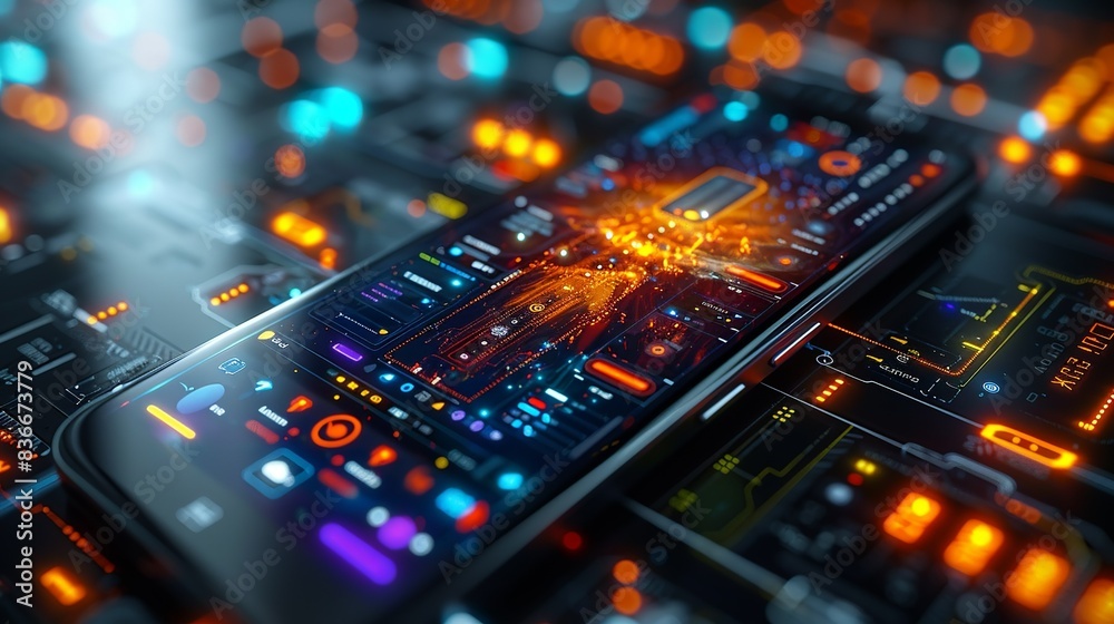 Close-up of a sleek smartphone with a vibrant screen displaying a digital interface, perfect for highlighting modern technology. Minimal and Simple, Close-up of a sleek smartphone with a vibrant screen displaying a digital interface, perfect for highlighting modern technology. Minimal and Simple,
