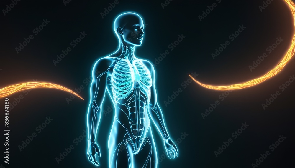 A digital illustration showcasing a futuristic representation of human anatomy with glowing elements and intricate details. The image highlights the blend of technology and biology.. AI Generation A digital illustration showcasing a futuristic representation of human anatomy with glowing elements and intricate details. The image highlights the blend of technology and biology.. AI Generation