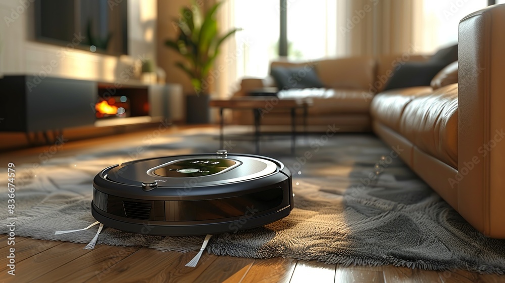 High-resolution image of a robotic vacuum cleaner in action, showcasing the convenience of smart home technology. Minimal and Simple,