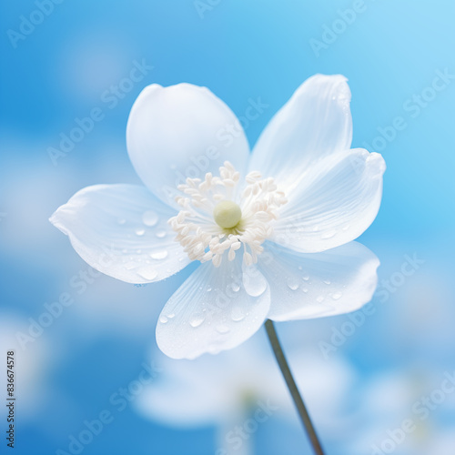 Delicate white anemone flower in full bloom with water drops on its petals against a blurred background of blue sky