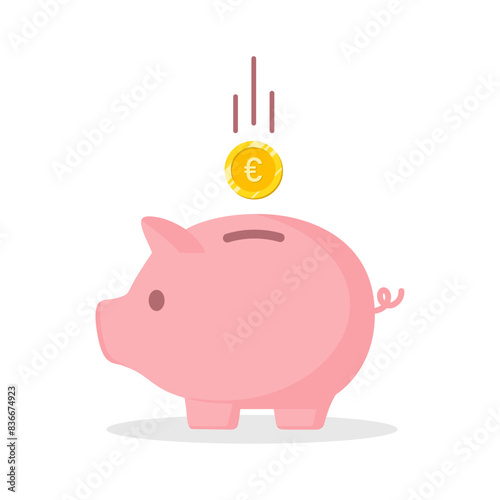 Piggy bank with Euro currency coin vector illustration in pink color. Saving, investing and accumulation money. Pig in a flat style. Cute pig shaped money box with falling European gold coin.