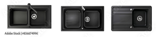 Top View of Black Kitchen Sink Set Isolated on Transparent or White Background, PNG