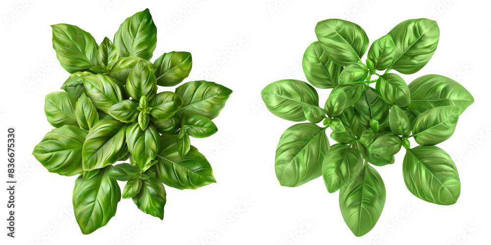 Basil Plant Kitchen Garden Series Top View Set Isolated on Transparent or White Background, PNG