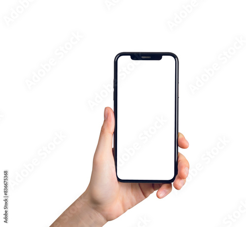 Hand holding smartphone mockup of blank screen for graphic display montage.