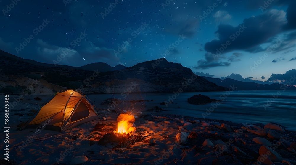 A picturesque camping site in nature with tents and campfire, On the beach, generated by AI