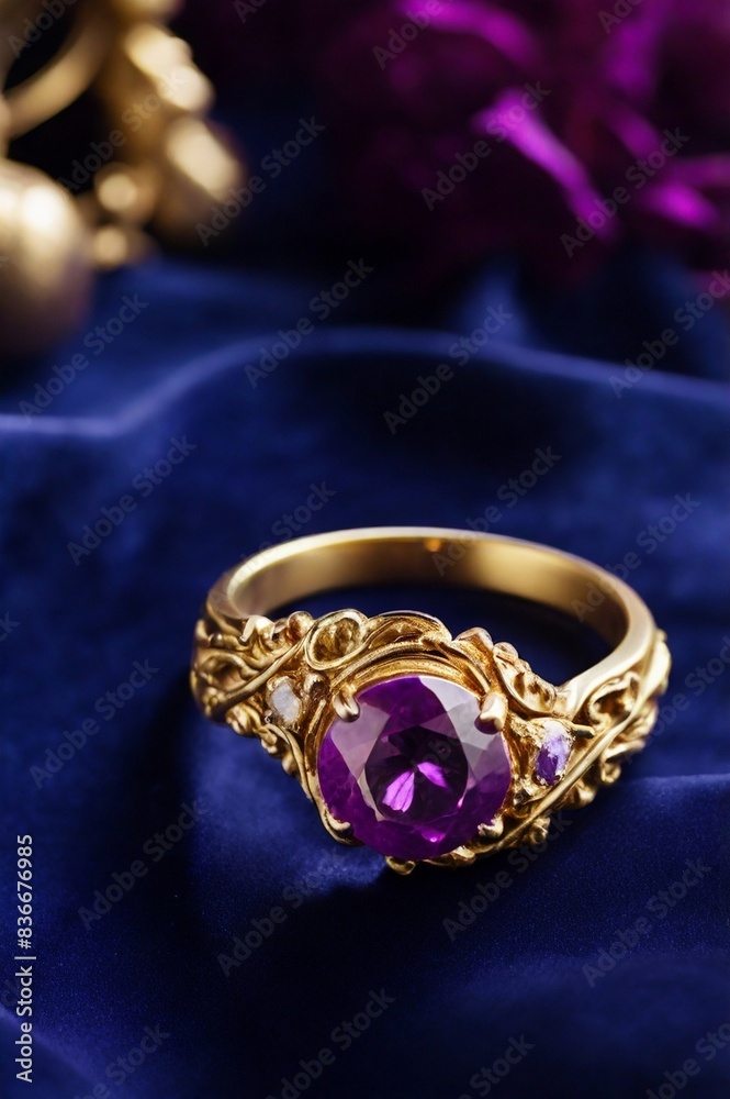 A stunning ring design adorned with a bright purple gemstone glimmering in the light A stunning ring design adorned with a bright purple gemstone glimmering in the light