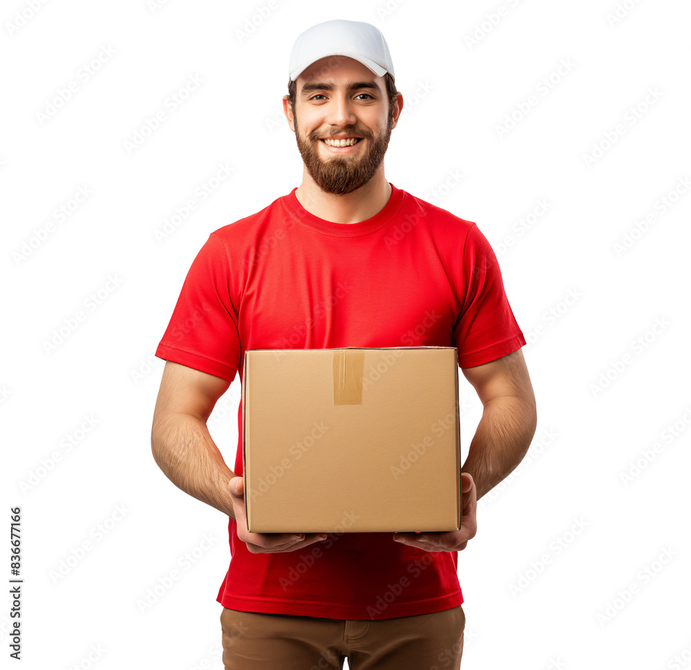 Smiling delivery man in red tshirt and white cap holding cardboard box isolated on transparent background Smiling delivery man in red tshirt and white cap holding cardboard box isolated on transparent background