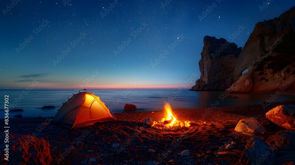 A picturesque camping site in nature with tents and campfire, On the beach, generated by AI