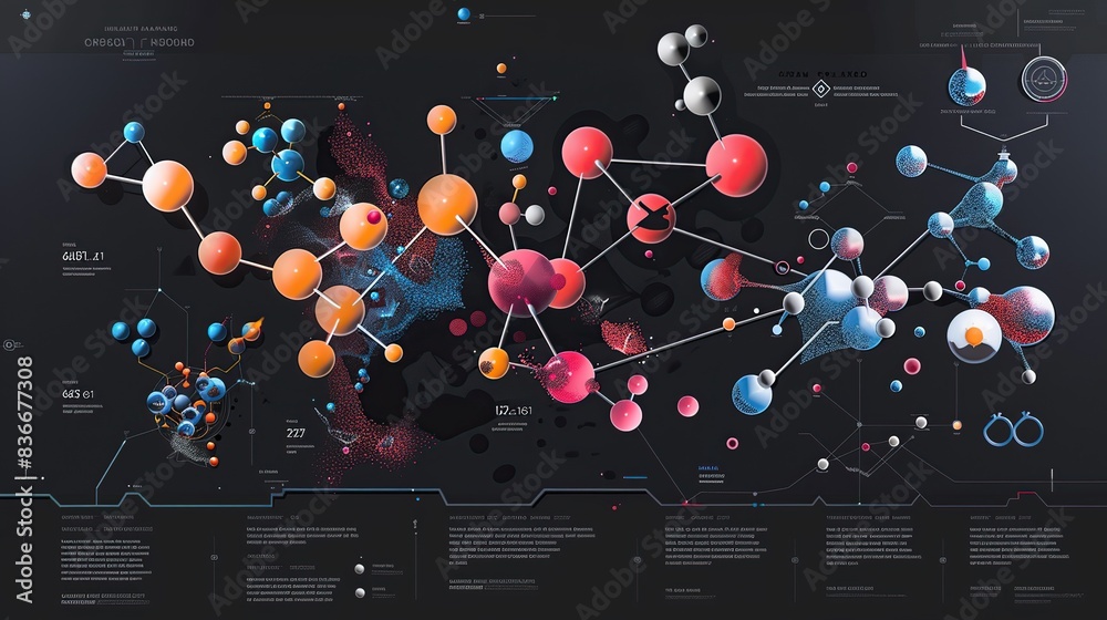 Colorful diagram of a molecular structure with a black background. The ...