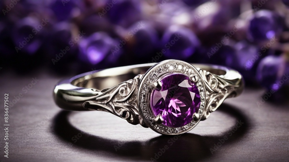 A stunning ring design adorned with a bright purple gemstone glimmering in the light A stunning ring design adorned with a bright purple gemstone glimmering in the light