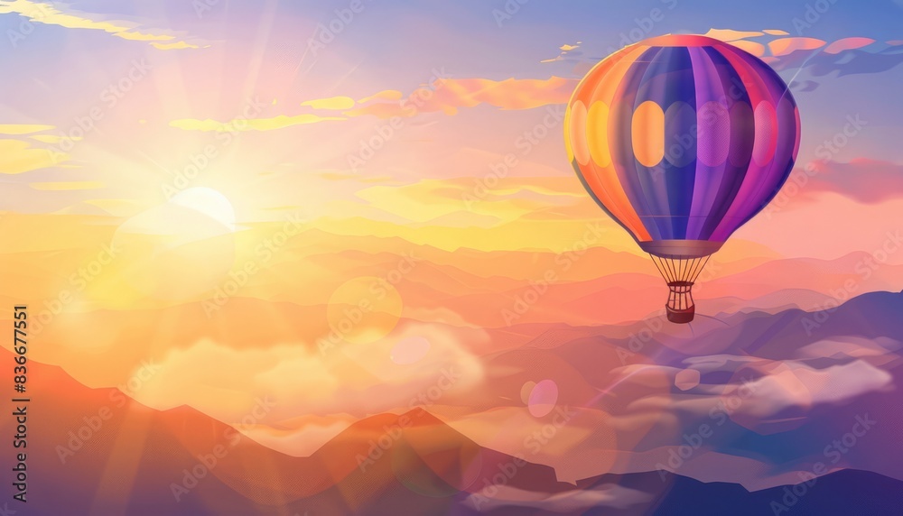Fototapeta premium Dawn's Painted Sky: Exploring the Background of a Colorful Hot Air Balloon Flight at Sunrise