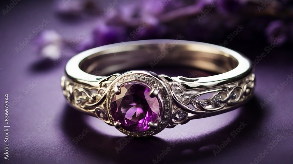 A stunning ring design adorned with a bright purple gemstone glimmering in the light A stunning ring design adorned with a bright purple gemstone glimmering in the light